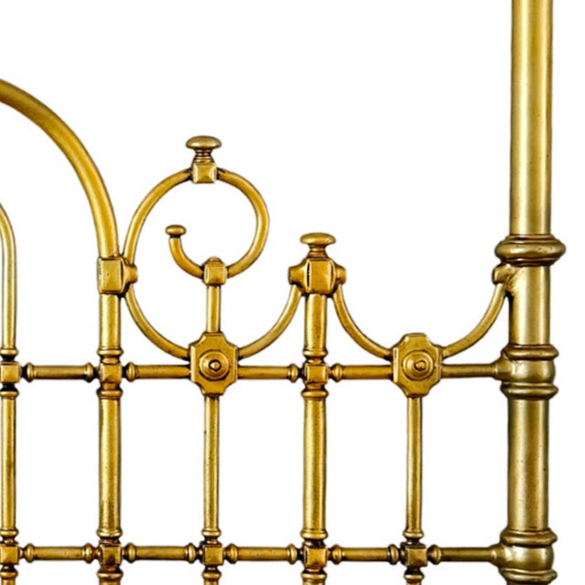 Metal Antique English Victorian Solid Brass Full Size Headboard, Tall Post, 100% Brass, Arched Scrollwork C. 1890s For Sale - Image 7 of 13