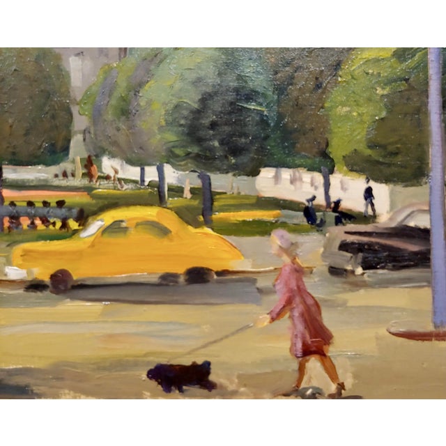 Traditional Victor Arnautoff -Woman Walking Her Dog in 1948 Downtown San Francisco-Oil Painting For Sale - Image 3 of 11