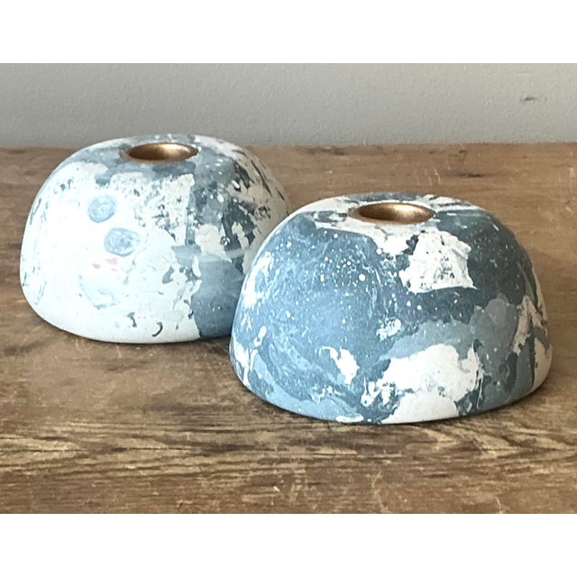 Cerulean Boho Artisan Pigmented Plaster Scagliola Low Dome Candlestick Holders - Set of 2 For Sale - Image 8 of 12