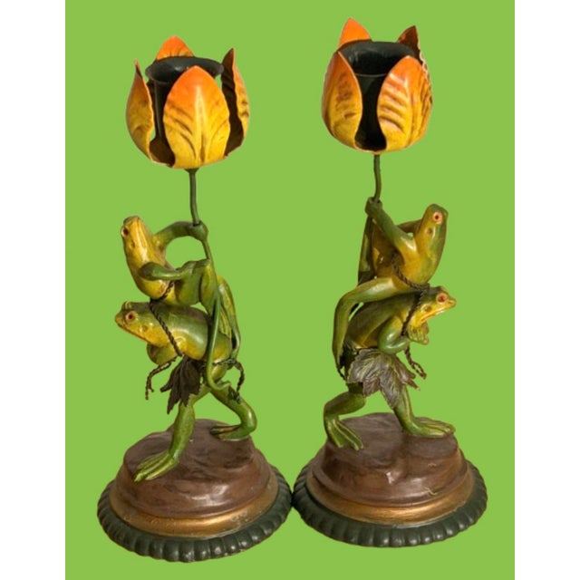 A great whimsical pair of vintage bronze and tole frogs & flower candlesticks, a fun pair for your garden party table,...