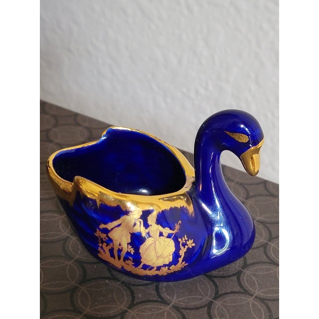 Mid 20th Century Limogenes, Royal Blue and 22 K Gold Miniature Pair of Decorative Swans For Sale - Image 5 of 12