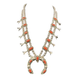 Vintage Mediterranean Coral Squash Blossom Necklace For Sale