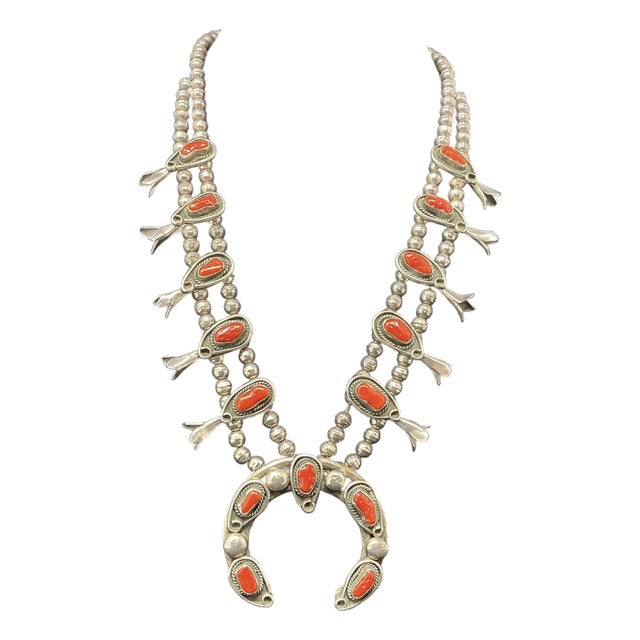 Vintage Mediterranean Coral Squash Blossom Necklace For Sale