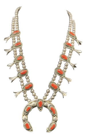 Vintage Mediterranean Coral Squash Blossom Necklace
