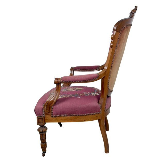 Vintage Renaissance Revival Carved Armchair With Burgundy Floral Upholstery For Sale - Image 16 of 18