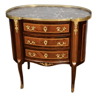 1900s Antique French Louis XV Walnut Satinwood Inlay & Marble Top Commode For Sale