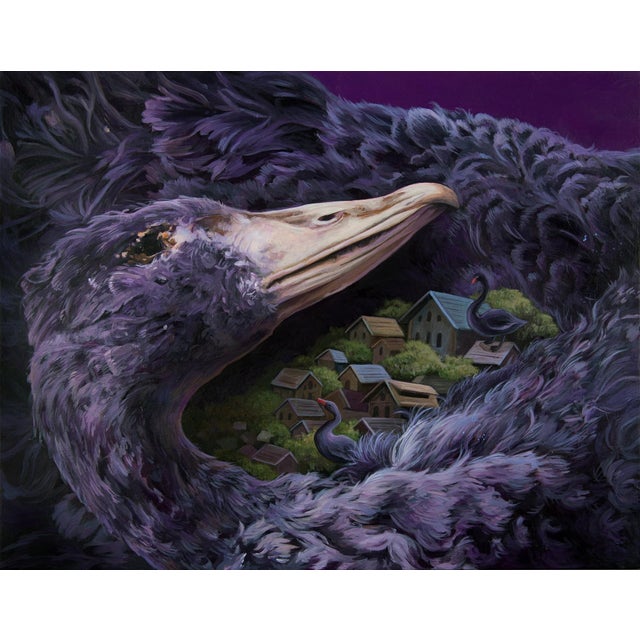 In "Through The Night," a vibrant purple palette envelops the central figure of an ostrich, whose gaze is both...