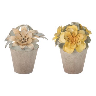 Sculpted Metal Flower Pot Taper Candle Holder (Set of 2) For Sale