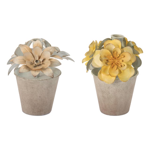 Sculpted Metal Flower Pot Taper Candle Holder (Set of 2) For Sale
