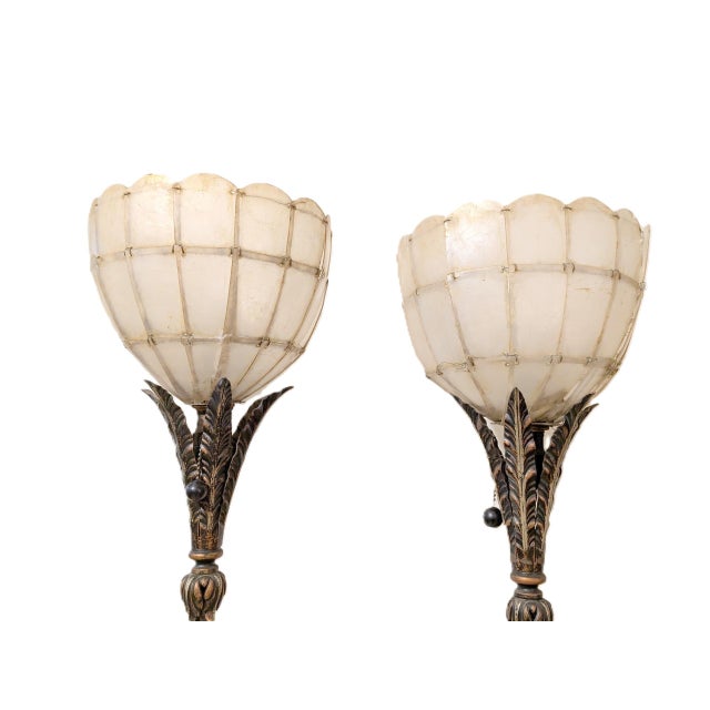 Art Nouveau Pair of Antique Ealy 1900's Art Nouveau Cast Metal Torchiere Floor Lamps With Capiz Shell Tulip Shades For Sale - Image 3 of 11