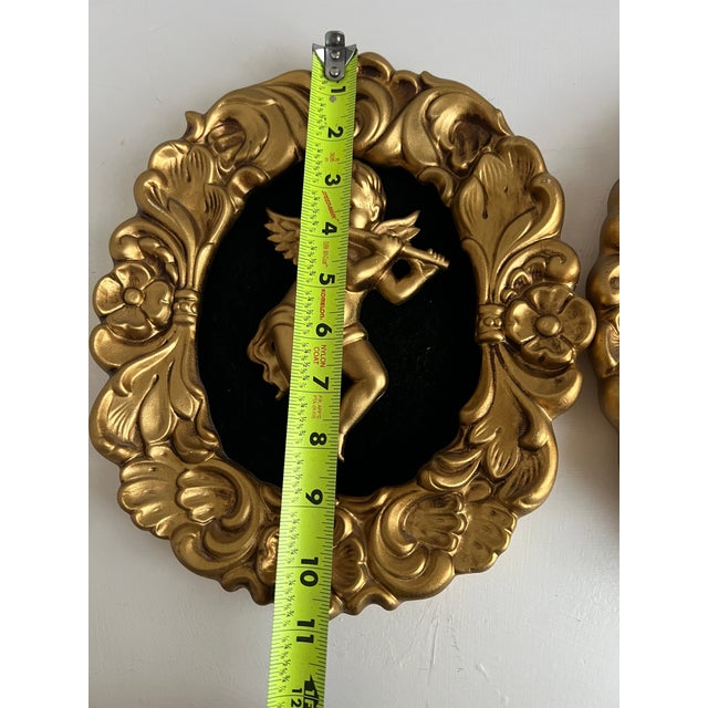 Vintage Ardco Cherub Wall Plaques Gold Rococo Putti Art Set of 2 Hollywood Regency Decor Black Velvet Japan For Sale - Image 10 of 12