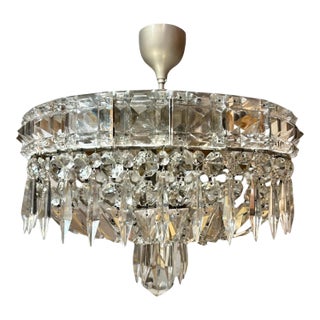 1950s Italian Mid-Century Chrome and Bohemian Crystal Flush Mount For Sale