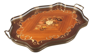Wooden Tray with Floral Inlay and Brass Frame, 1970s