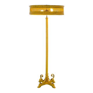 1960s Mid-Century Modern Yellow Rattan 2 Light Floor Lamp For Sale