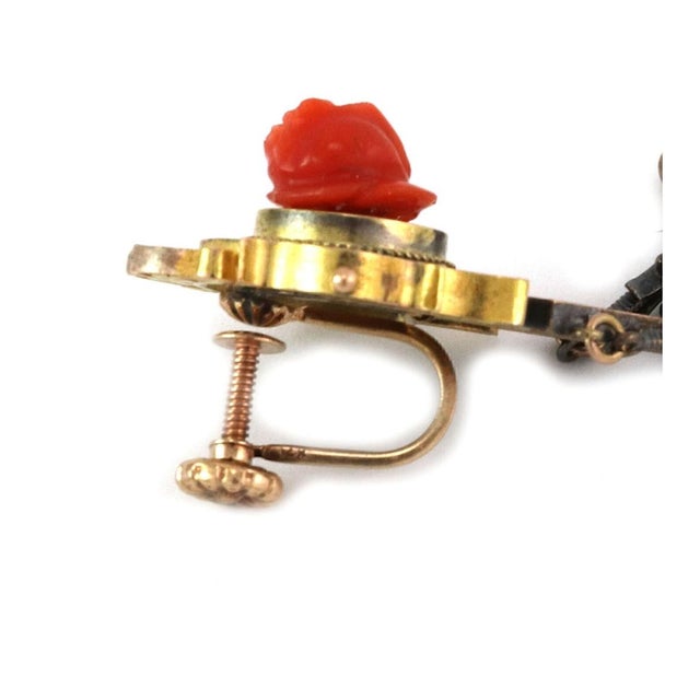 Mid 20th Century Mid 20th Century Pair of Victorian Coral Rose 14k Gold Dangle Screw Back Dangle Earrings For Sale - Image 5 of 6