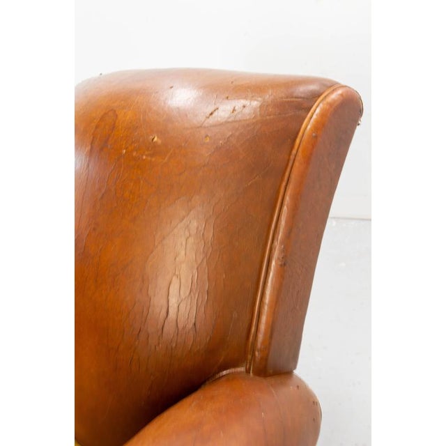 Antique French Club Armchair Fauteuil Cognac Leather and Fabric, 1930, Set of 2 For Sale - Image 11 of 16