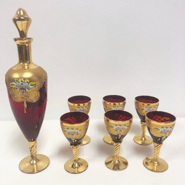 Ruby Red and 22 Karat Gold Italian Glass Goblet and Decanter