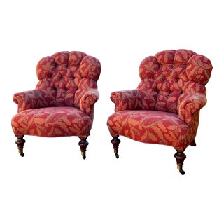 20th-C. English Victorian Style Tufted Club / Wing Chairs W/ Turned Feet - Pair For Sale