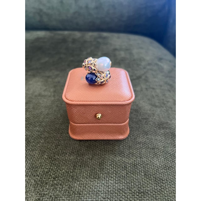 Bochic "Orient" Vintage Diamond, Sapphires & Pearl Ring Set In 18K Gold & Silver For Sale - Image 9 of 18