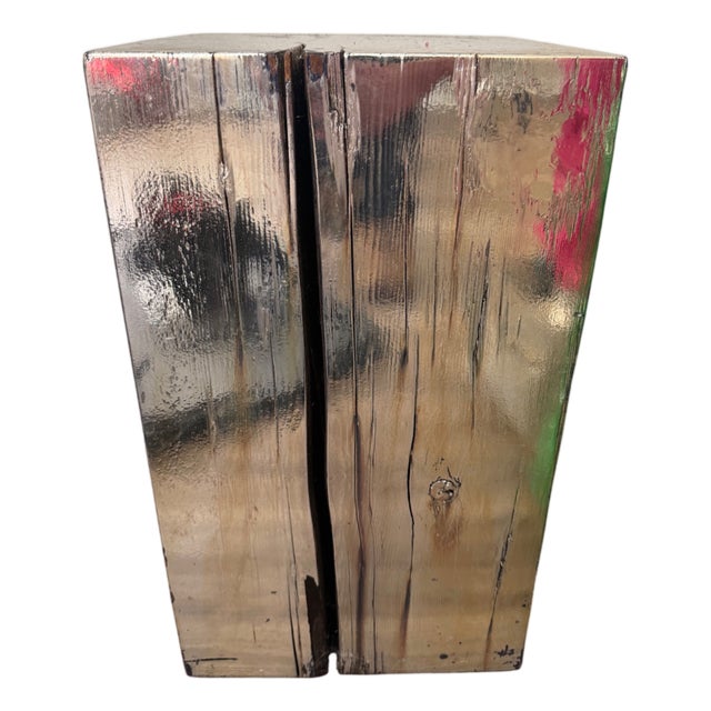 Artisan Silver Leaf Log Pedestal Side Table With Paint Splatter Accents For Sale