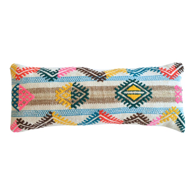 1970s Turkish Kilim Lumbar Pillow Cover Handmade Wedding Pillow 12" X 30" For Sale