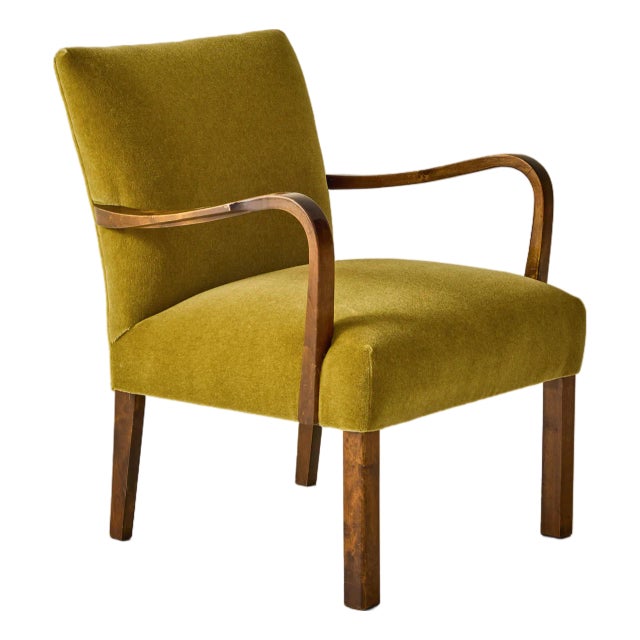 Scandinavian Art Deco Walnut Chair With Mohair Upholstery, 1940's. For Sale