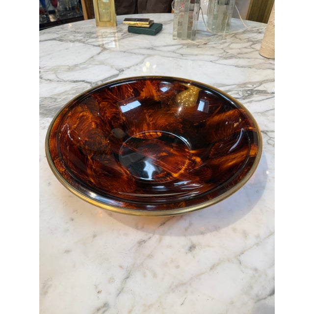 Brown Vintage Amber Swirl Glass Bowl With Brass Rim For Sale - Image 8 of 8