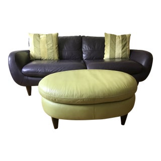 Aubergine Italian Leather Sofa & Ottoman For Sale