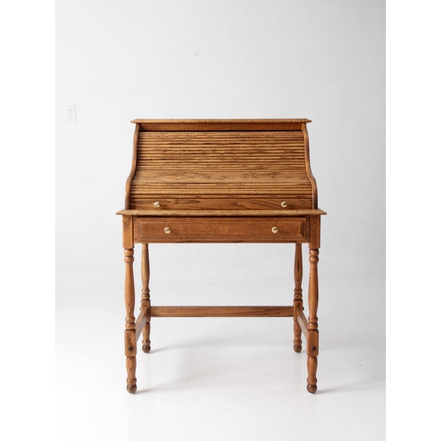 Vintage Oak Roll Top Secretary Desk For Sale - Image 4 of 17