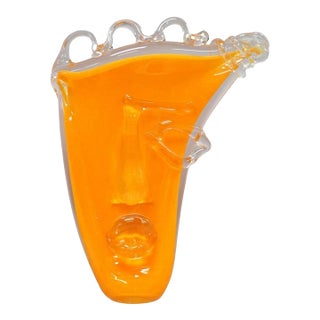 Late 20th Century Ion Tamaian Postmodern Orange Blown Art Glass 20" Large Abstract Face Sculpture For Sale