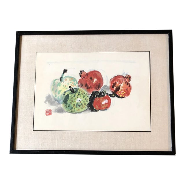 Vintage Japanese Original Wood Block Print “Apples & Pomegranates” Signed W/Seal For Sale