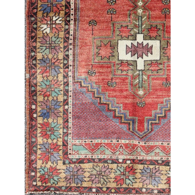 Vintage Turkish Oushak Rug with Tribal Medallion in Red, Green, Yellow & Purple. vintage oushak, colorful oushak. Tribal...