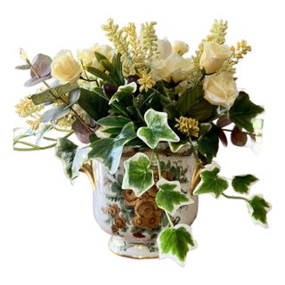 Faux Floral of Yellow Rose & Ivy in Antique Limoges Cachepot For Sale
