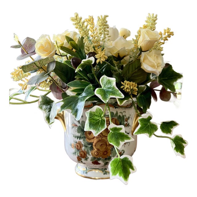 Faux Floral of Yellow Rose & Ivy in Antique Limoges Cachepot For Sale