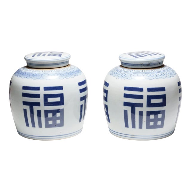 Chinese Blue & White Good Fortune Jars - A Pair For Sale