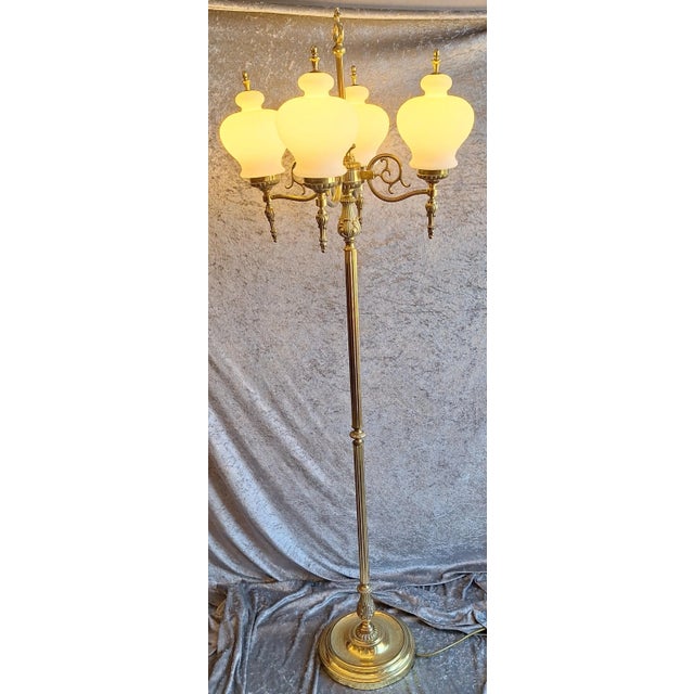 Goldenrod Vintage Floor Lamp with Decorated Brass Frame and Four Opaque White Glass Shades, 1970s For Sale - Image 8 of 8