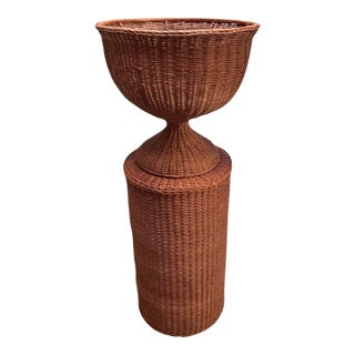 Vintage Terracotta Color Woven Wicker Urn Planter With Tall Pedestal Stand For Sale
