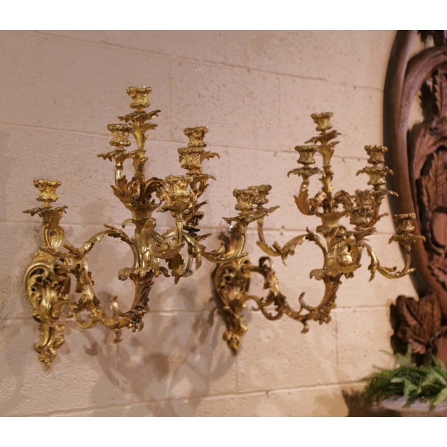 Pair of 19th Century French Louis XV Rococo Bronze Dore Eight-Light Wall Sconces For Sale - Image 4 of 13