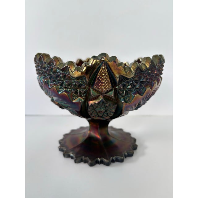 Fenton Art Glass Company Vintage Fenton Amethyst Carnival Glass “Pinwheels” Pedestal Bowl With Sawtooth Rim For Sale - Image 4 of 10