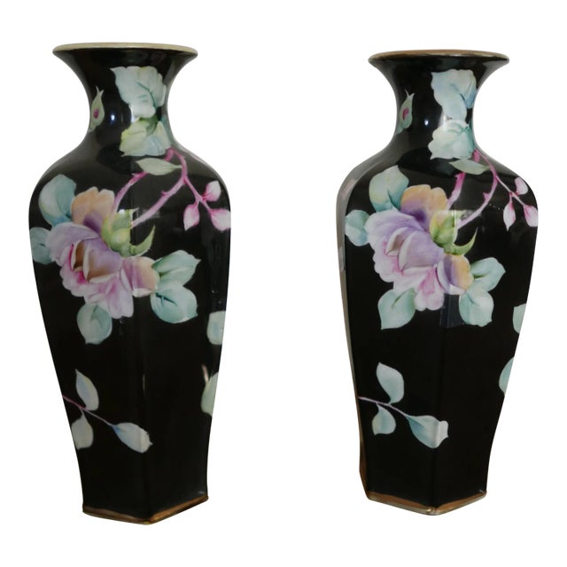 Nippon Hand-Painted Porcelain Vases - a Pair For Sale