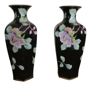 Nippon Hand-Painted Porcelain Vases - a Pair
