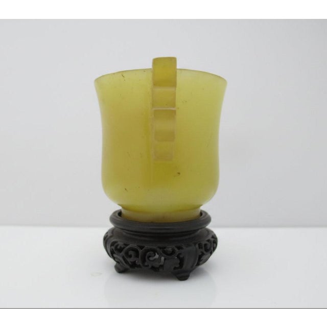 Chinese Archaistic Yellow Jade Twin Handled Libation Cup With Carved Wood Stand For Sale In Portland, OR - Image 6 of 12