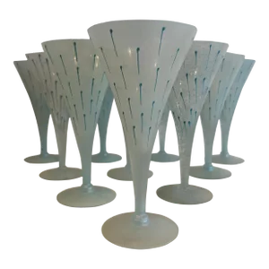 Stunning Italian Pale Blue Frosted and Handpainted Water Goblets- Set of 10