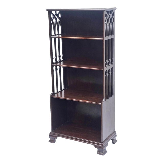 Small Narrow Mahogany Chippendale Bookcase W/ Pierced‑Side Shelves 1940s For Sale