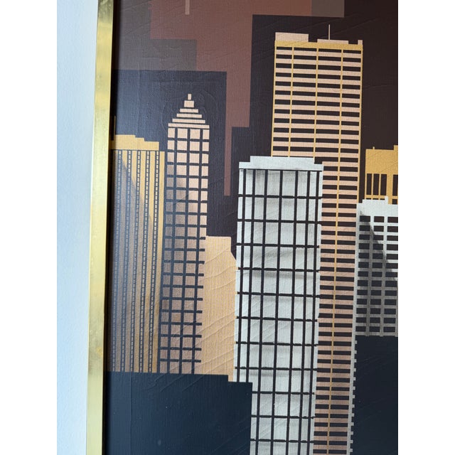 Brown 1970s Vintage Franco Modernist Cityscape Acrylic on Canvas Painting – Gold Aluminum Frame For Sale - Image 8 of 11