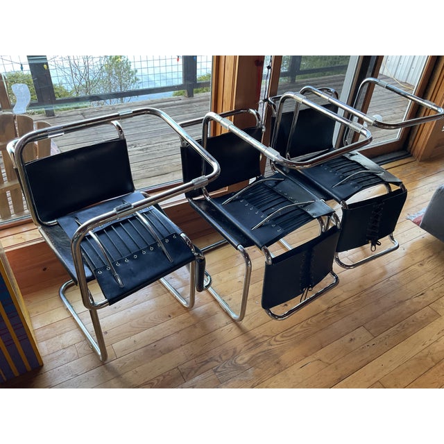 1950s Six Vintage Breuer Attributed Leather Laced Back Chairs For Sale - Image 5 of 5
