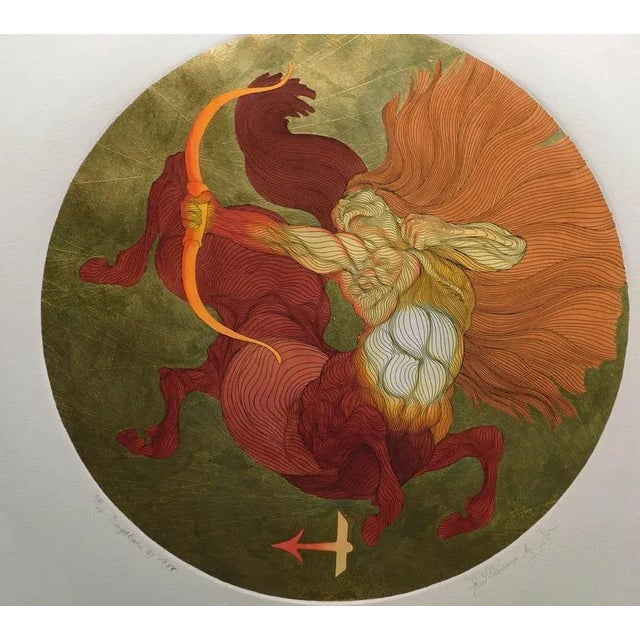 1980s Guillaume Azoulay Sagittaire Gold Leaf 1988 Embellished Etching Art For Sale - Image 5 of 5
