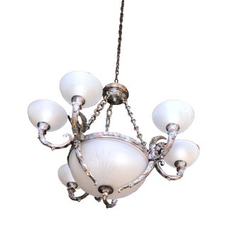 Late 20th Century Neo-Classical Cast Bronze Chandelier With Frosted Crystal Hand-Cut Globes For Sale