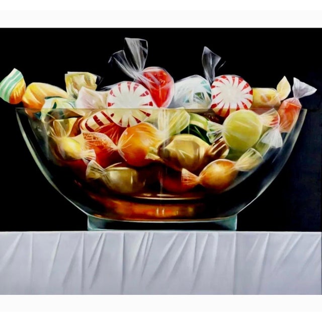 James Tormey (American, 1938-2017) "Candyland (Mixed Bowl)" on table with white tablecloth cover. Oil Painting on Canvas....