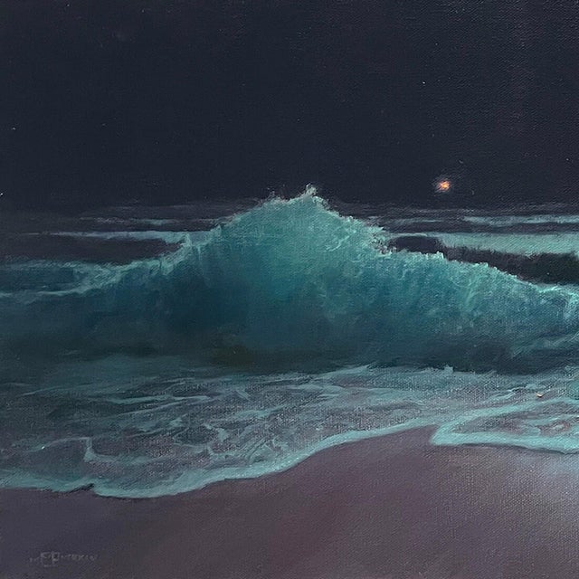 Out Of The Blue by Mark Harrison | Oil on canvas Ocean waves at night with a distant light. For Sale - Image 4 of 5